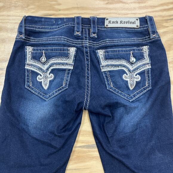 Rock Revival Betty Crop Jeans Women's Size 27 Blue Wash Denim Stretch Flaps Low - Picture 1 of 16